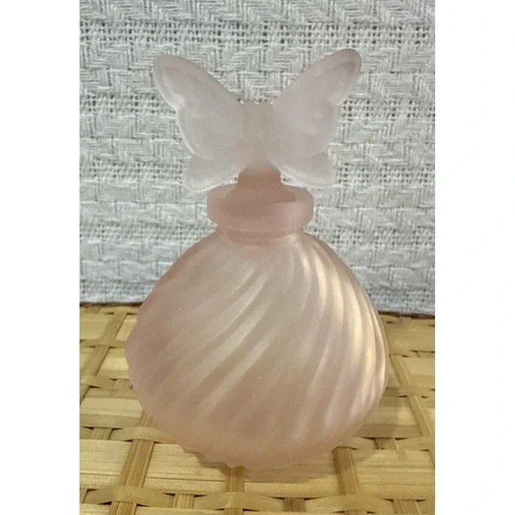 VINTAGE 4 PIECE PINK FROSTED GLASS BUTTERFLY PERFUME VANITY SET i3 - Picture 2 of 9